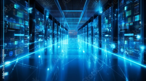 A large server room of a high-tech company. Digital Information  Data Center  Cybersecurity  Artificial Intelligence Concepts.