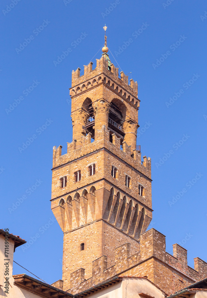 Palazzo Vecchio and Arnolfo Tower in Florence early in the morning.