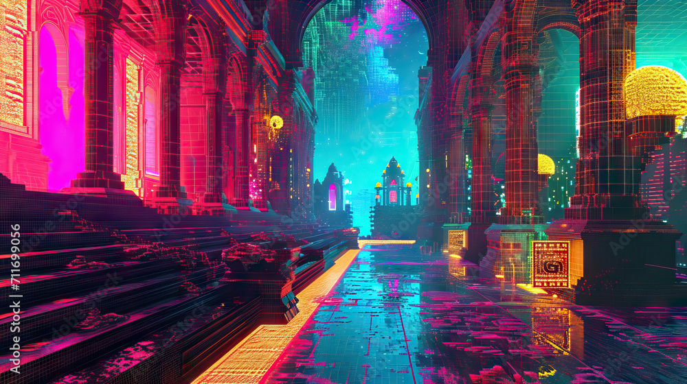 Psychedelic Pixel Palace: A Digital Palace with Vibrant Turquoise, Pixel Coral, and Neon Lemon