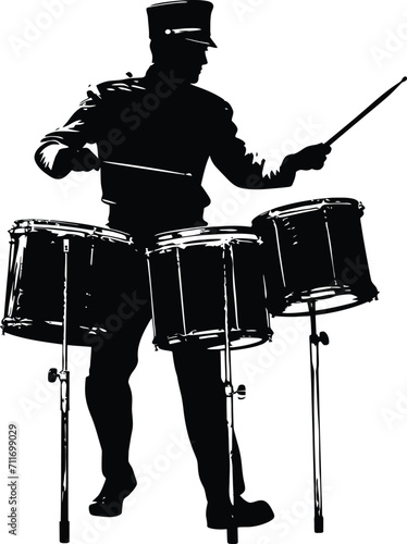 Silhouette marching band percussion instrument player full body black color only