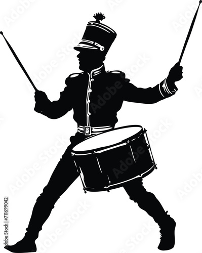 Silhouette marching band percussion instrument player full body black color only