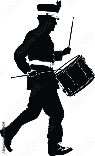 Silhouette marching band percussion instrument player full body black color only