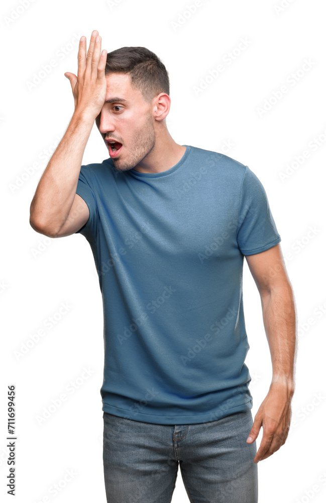 Handsome young casual man surprised with hand on head for mistake, remember error. Forgot, bad memory concept. Handsome young casual man surprised with hand on head for mistake, remember error. Forgot, bad memory concept.