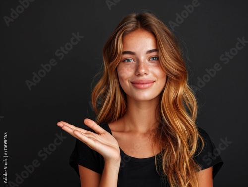 Photo of nice gorgeous positive woman indicating at offer on palm empty space isolated on black color background, 