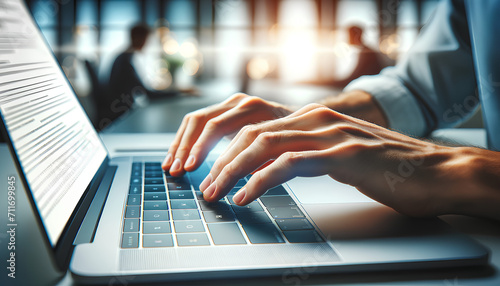 A wide panoramic image featuring a close-up of hands typing on a modern laptop keyboard photo