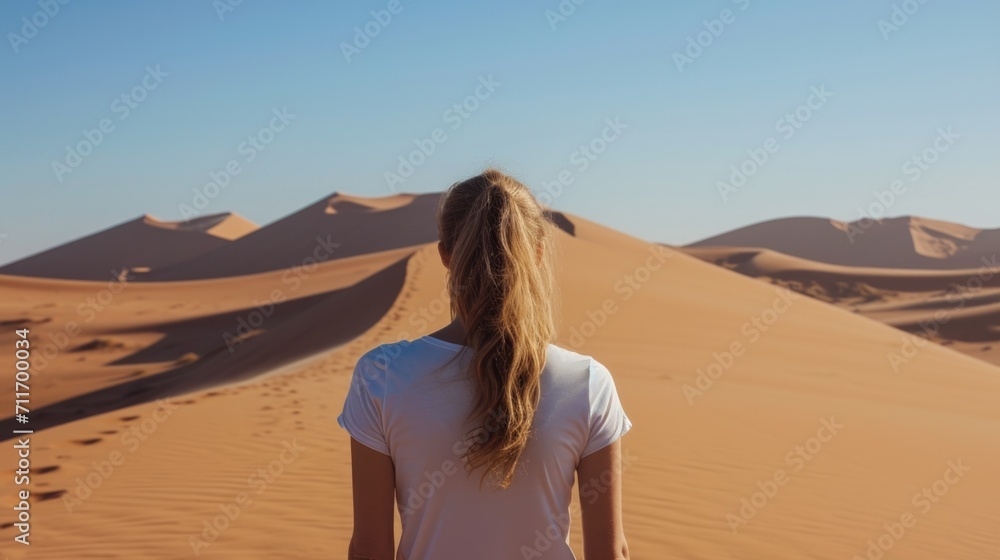 Woman from behind, looking at a vast desert landscape generative ai Woman from behind, looking at a vast desert landscape generative ai