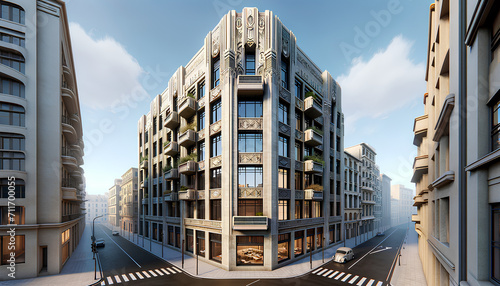 A virtual reality rendering of a mixed-use building showcasing Art Deco architecture with influ