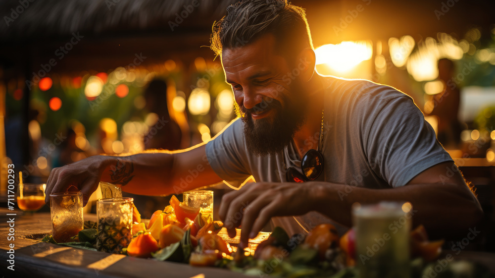 Senior Man Enjoying Sunset at Tropical Bar with Pineapples and Cold Drink - Relaxed Vacation Ambiance - Ideal for Leisure Travel Marketing - AI Generated Senior Man Enjoying Sunset at Tropical Bar with Pineapples and Cold Drink - Relaxed Vacation Ambiance - Ideal for Leisure Travel Marketing - AI Generated
