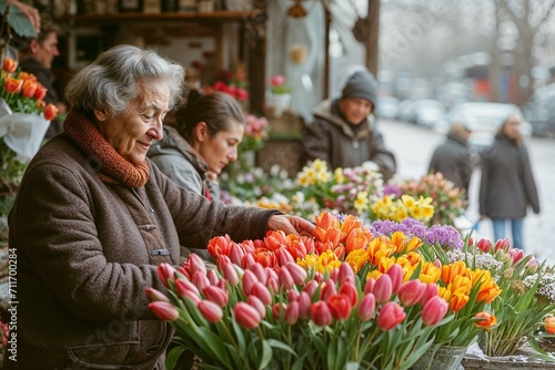 Senior woman selecting tulips, capturing the essence of Women's Day. Ideal for articles on gardening for wellbeing and gift-giving guides.