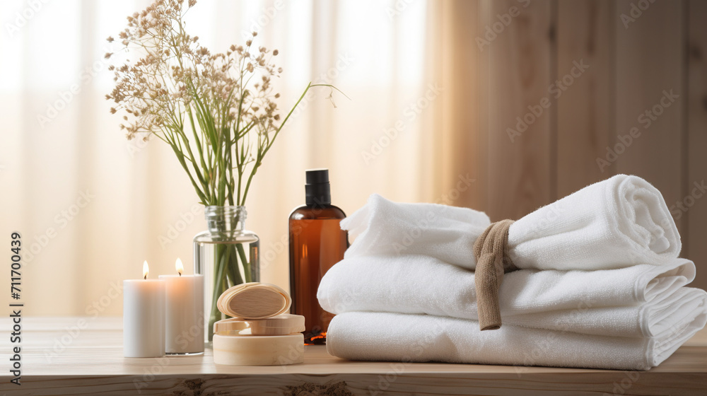 Towels with herbal bag and beauty treatment items in spa room