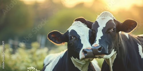 Affectionate Embrace of Black and White Cows. Close-up portrait of two black and white cows snuggling together in a field, showcasing a tender moment of farm animal affection. photo