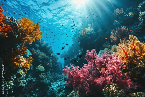 Underwater coral reef teems with marine life, surface view © KrikHill