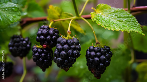Indulge in the beauty of a ripe blackberry branch against a lush green garden backdrop. This captivating image celebrates the sweetness of nature's bounty.