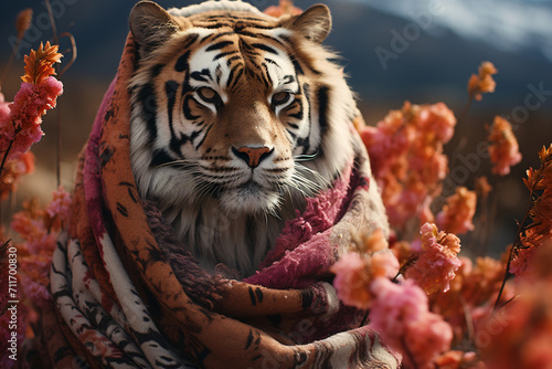  tiger with floral patterned scarf