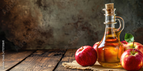 Artisan Apple Cider Vinegar with Fresh Apples, banner with copy space on wooden table. Rustic still life of apple vinegar in a glass bottle with apples on a wooden kitchen table. photo