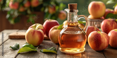 Artisan Apple Cider Vinegar with Fresh Apples, banner with copy space. Rustic still life of apple vinegar in a glass bottle with apples on a wooden kitchen table.