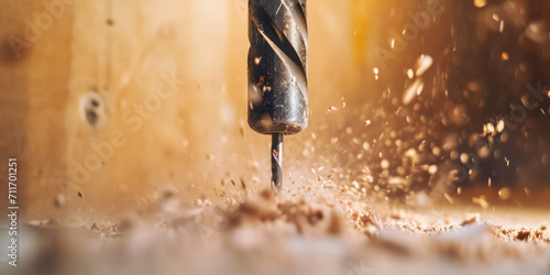 Dynamic Drilling Action Close-up. Intense close-up of a drill bit piercing through wood, with vibrant wood shavings and dust particles captured in mid-air, copy space.