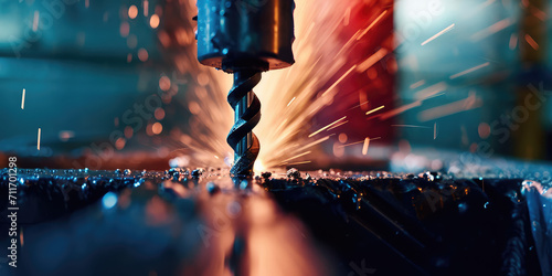 Dynamic Drilling Action Close-up. Intense close-up of a drill bit piercing through metal, with vibrant wood shavings and dust particles captured in mid-air. photo