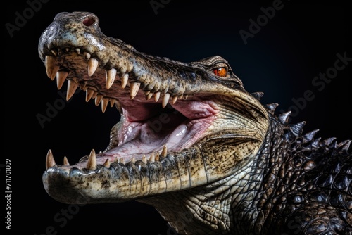 Crocodile with open mouth and sharp teeth.
