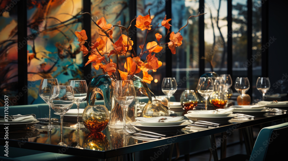Elegant Fine Dining Experience: Sophisticated Table Setting with Crystal Glassware and Vibrant Floral Centerpieces - Upscale Restaurant and Luxury Tableware Concept - AI Generated