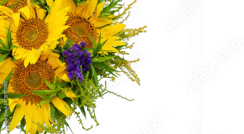 Bouquet of sunflowers and lavender isolated on white background photo