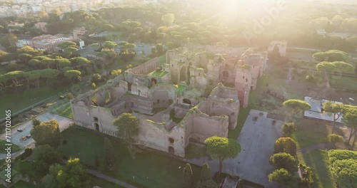 Aerial view Terme di Caracalla, Rome, Italy. Ancient ruins with stone masonry at sunset in the center of European culture. High quality 4k footage
