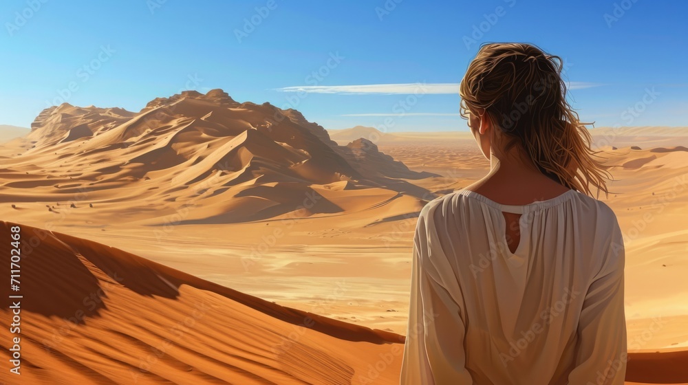 Woman from behind, looking at a vast desert landscape generative ai Woman from behind, looking at a vast desert landscape generative ai