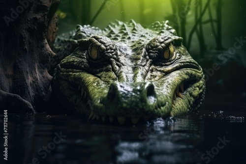 Closeup wildlife photography of dangerous crocodile in mangrove forest.