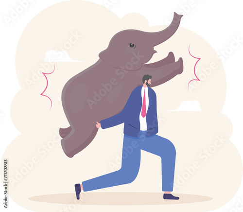 Businessman carrying heavy elephant with walking upstairs, 

