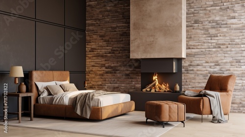 Modern loft bedroom with fireplace, brick wall, and cozy bed with pillow and coverlet. photo