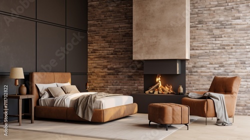 Modern loft bedroom with fireplace, brick wall, and cozy bed with pillow and coverlet.