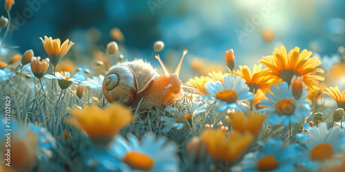 Snail s Serene Slumber Among Blooming Flowers. Snail nestled in vibrant blooming orange flowers  with a dreamy  soft-focus backdrop and a magical play of light.