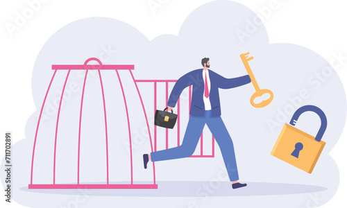 Businessman with key free himself from cage freedom,

