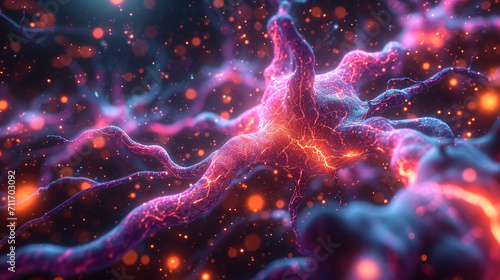 A vibrant, multicolored illustration of nerve cells firing in response to stimuli, representing the electric impulses traveling through the intricate pathways of the nervous system photo