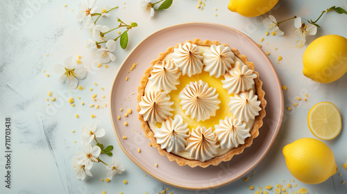 Tartlet with lemon cream and meringue on a soft pastel background. Banner with copy space, showcasing a delightful and citrusy dessert. photo