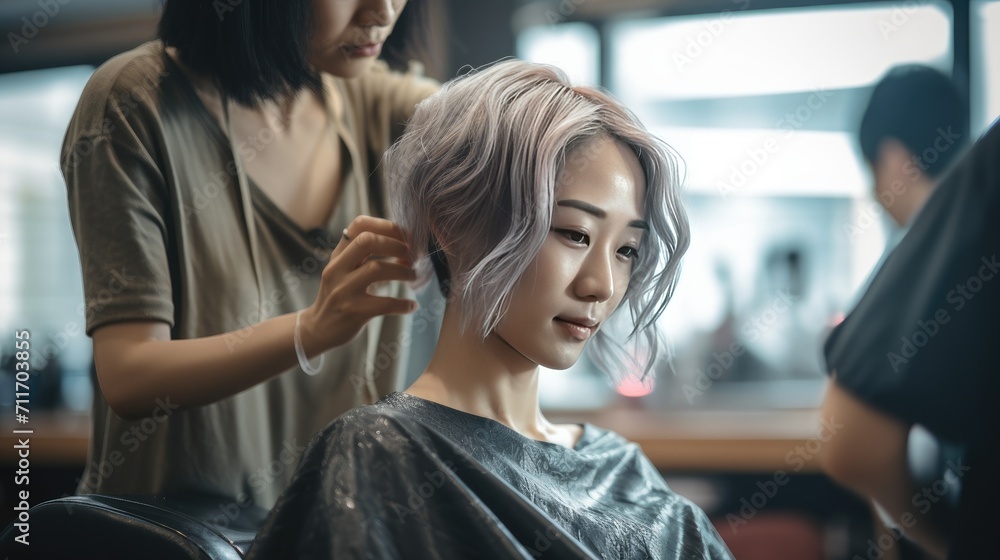 Hairdresser working on haircut and hairstyle for client at beauty salon, trendy hairs designs Hairdresser working on haircut and hairstyle for client at beauty salon, trendy hairs designs