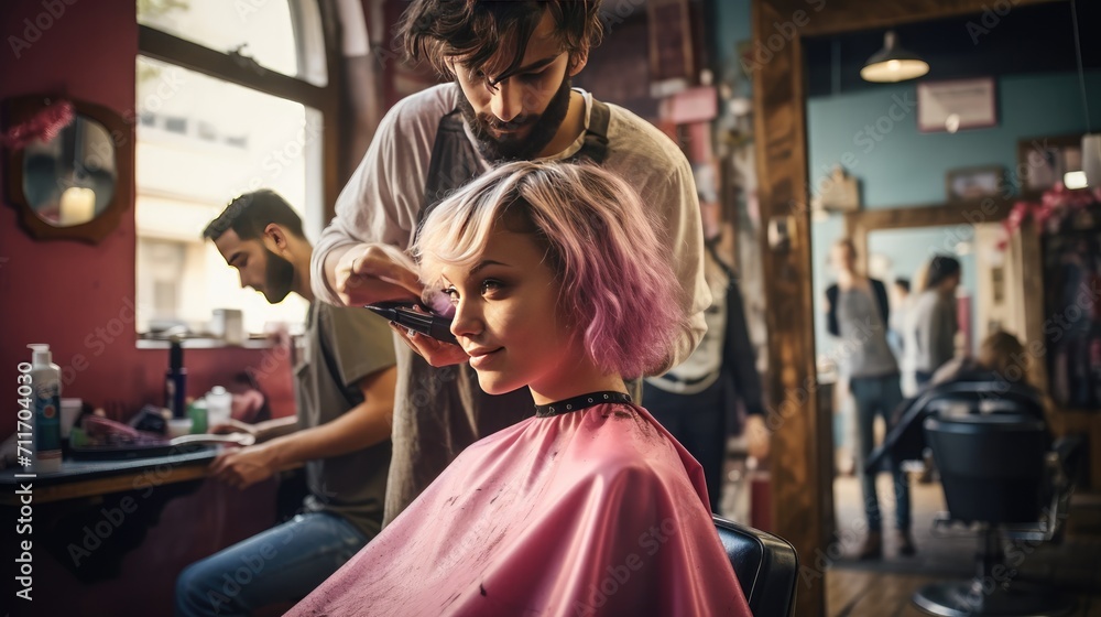 Hairdresser working on haircut and hairstyle for client at beauty salon, trendy hairs designs Hairdresser working on haircut and hairstyle for client at beauty salon, trendy hairs designs