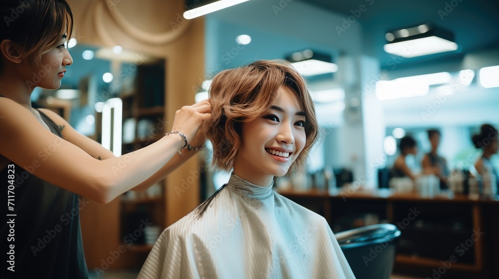 Hairdresser working on haircut and hairstyle for client at beauty salon, trendy hairs designs Hairdresser working on haircut and hairstyle for client at beauty salon, trendy hairs designs