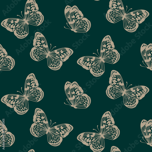 Seamless vector monarch butterflies pattern for wallpaper and gift paper. Gold Butterfly on emerald green background print. Fashionable insect retro background for fabric, textile, design, banner