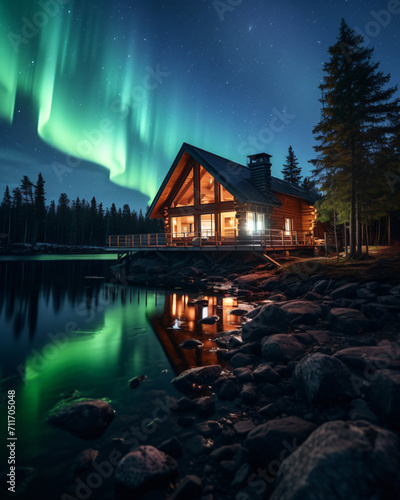 Lodge with the northern lights  in the style of whimsical landscapes  cabincore  