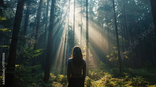 Woman facing away, standing in a dense forest with sunlight filtering through the tall trees generative ai photo