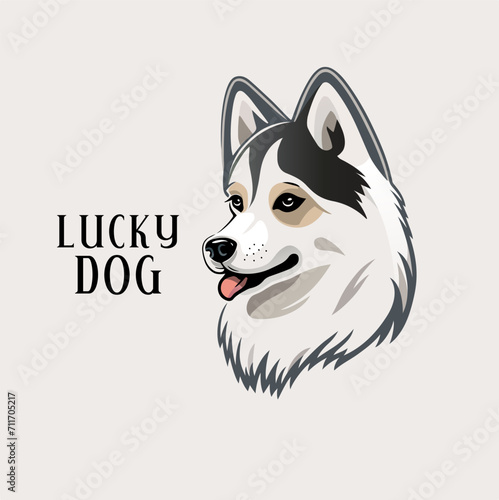 Happy dog, portrait of a joyful puppy , (presumably a spitz breed), in graphic style, vector illustration.