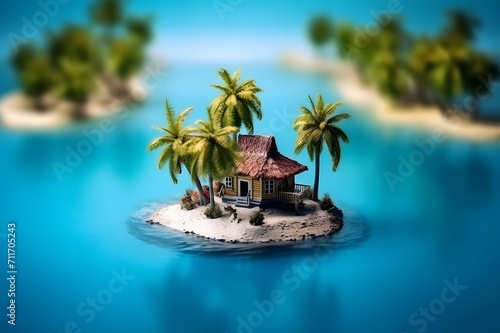 Tropical island with palms and hut surrounded sea blue water