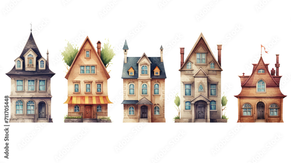 Collection of different houses, illustration, isolated or white background