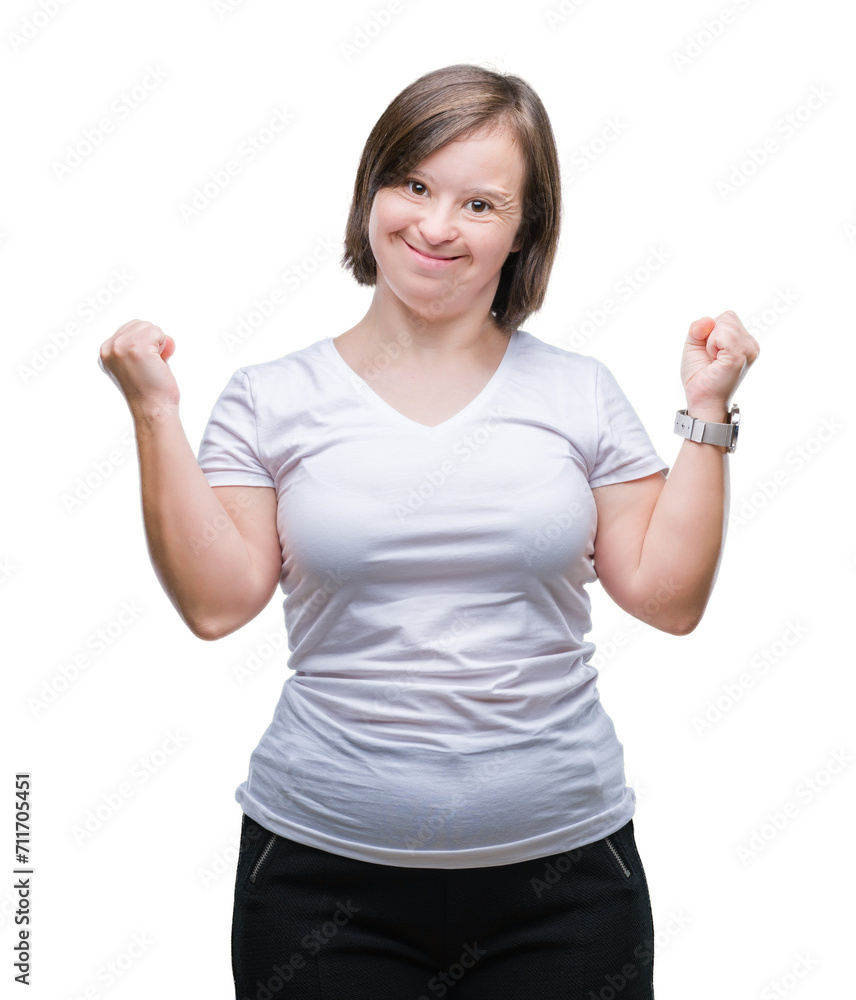 Young adult woman with down syndrome over isolated background very happy and excited doing winner gesture with arms raised, smiling and screaming for success. Celebration concept. Young adult woman with down syndrome over isolated background very happy and excited doing winner gesture with arms raised, smiling and screaming for success. Celebration concept.
