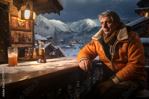 The person sitting in the snow, in the style of light orange and light amber, absinthe culture, photo taken with nikon d750, mountainous vistas, lively tavern scenes, wimmelbilder, hard edge
