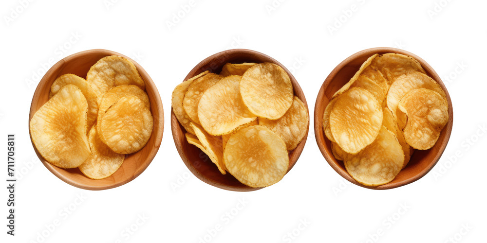 Three bowls of potato chips photographed from above, isolated Three bowls of potato chips photographed from above, isolated
