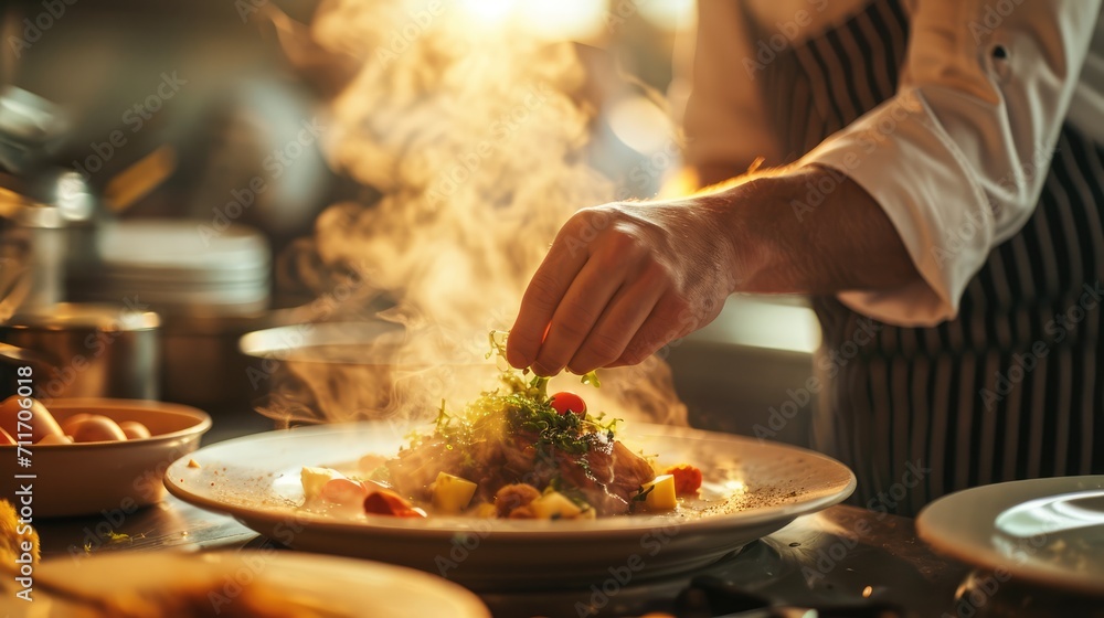 Generative AI, chef is cooking with steaming hot pan, busy restaurant kitchen Generative AI, chef is cooking with steaming hot pan, busy restaurant kitchen