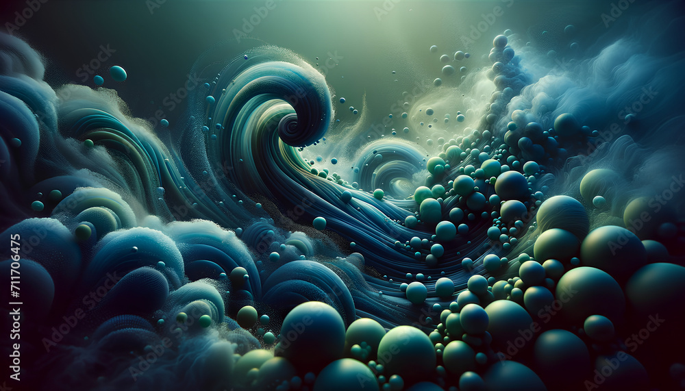 Eddies and spirals in shades of blue and green, with spheres that bubble up like droplets, all set against a haze that evokes the mystery of the sea. Eddies and spirals in shades of blue and green, with spheres that bubble up like droplets, all set against a haze that evokes the mystery of the sea.