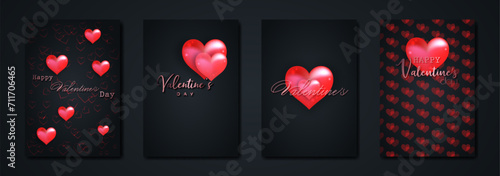 Happy Valentines day set greeting card. Red bubbles hearts on black background. Holiday posters with gold rose text, jewels. Concept for Valentines banner, flyer, party invitation, jewelry gift shop